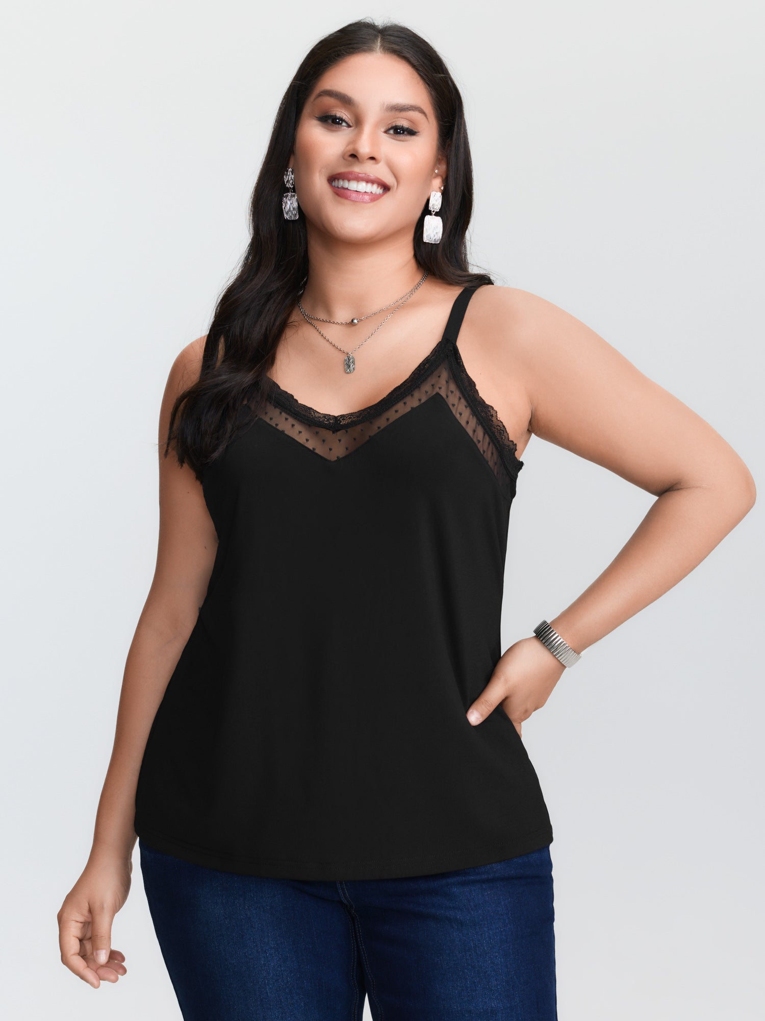 Cami Top Lace - Tank top rajutan hitam ukuran besar,